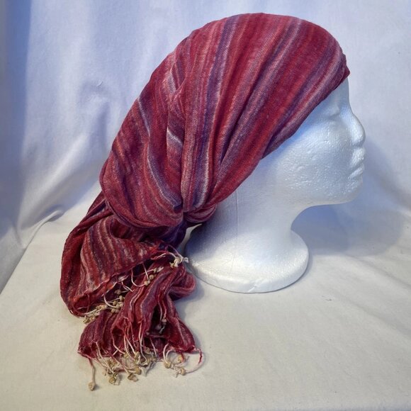 Nomadic Traders 70" x 30" Pink Red Striped Scarf Head Wrap Beaded Fringe - Picture 3 of 9